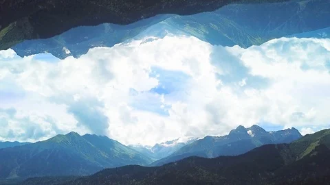 Panorama of mountains with mirror image effect. Shot. Beautiful top view of Stock Footage 108980674