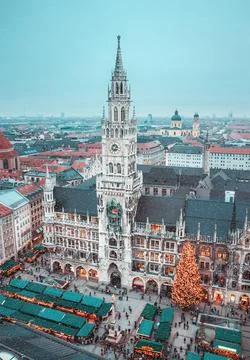 Panorama of Munich. View of the central square, town hall, Christmas market Stock Photos