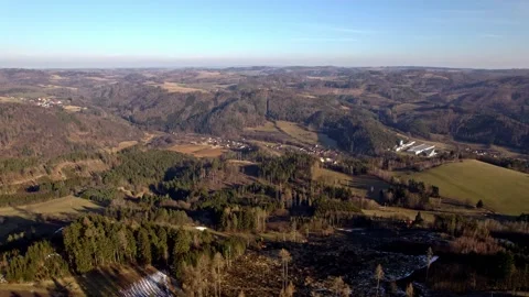 Panorama of natural landscape with forests, fields and factory in the valley Stockbeeldmateriaal 170547532