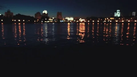 Panorama at night city in the summer. Embankment in Yekaterinburg Stock Footage