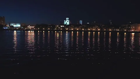 Panorama at night city in the summer. Embankment in Yekaterinburg Stock Footage