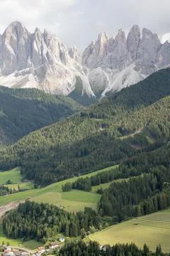 Panorama of the Odle Dolomites from Santa Maddalena, Val di Funes - Italy Stock Photos