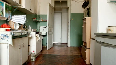 Panorama of old kitchen of a flat in St. Petersburg, Russia Stock Footage 157818954