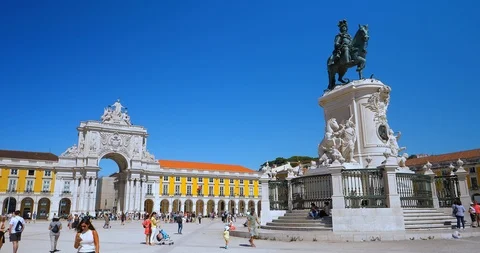 Panorama over famous Praco do Comercio waterfront square in Lisbon, Portugal, 4K Stock Footage 117932569