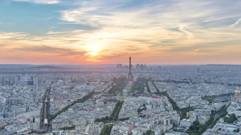 Panorama of Paris at sunset timelapse. Eiffel tower view from montparnasse Stock Footage 236948708