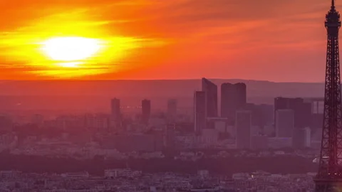 Panorama of Paris at sunset timelapse. Eiffel tower view from montparnasse Stock Footage 276419411