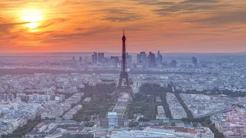 Panorama of Paris at sunset timelapse. Eiffel tower aerial view from observat 写真素材