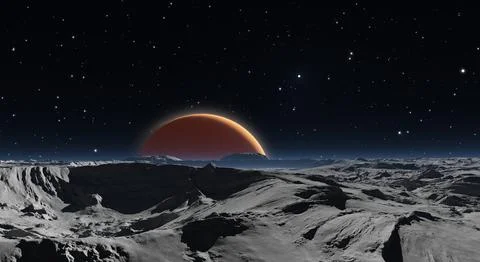 Panorama of Phobos with the red planet Mars in the background Stock-Illustration