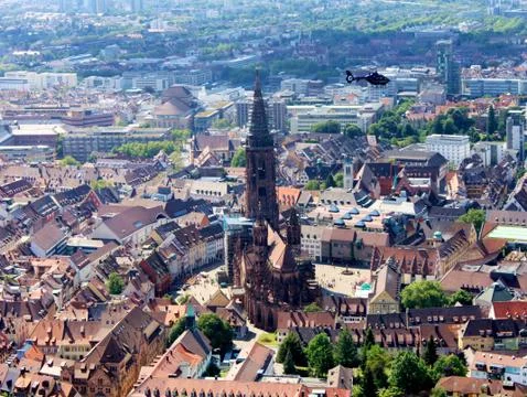 This is a panorama picture which include the old minster church in Freiburg,  Foto stock