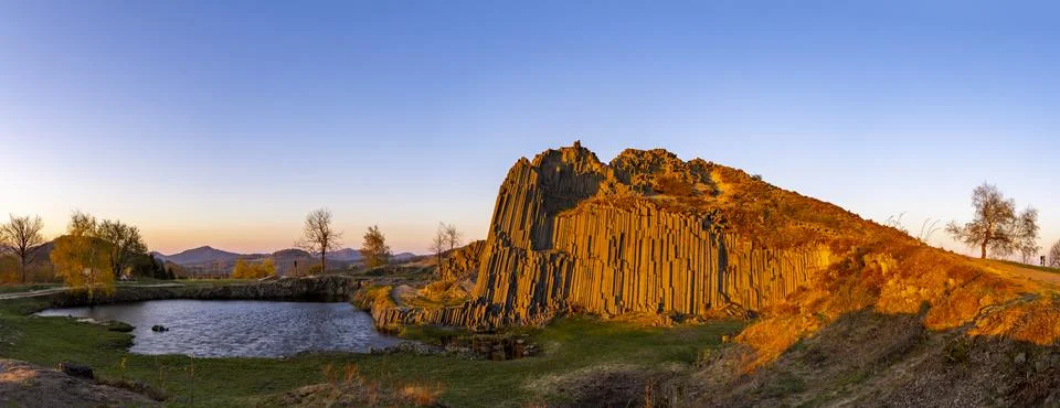 Panorama of polygonal structures of basalt columns, natural monument Panska s Stock Photos