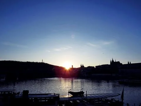 Panorama of Prague Castle at Sunset Stock Photos