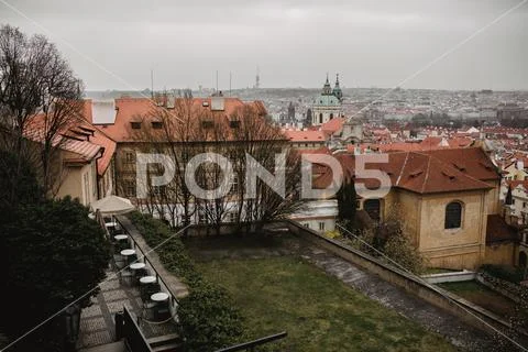Panorama of Prague with red roofs and Church. City view of Praha old city Stock Photos