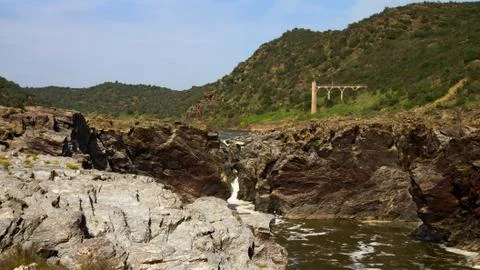 Panorama of Pulo do Lobo waterfall at Guadiana River Stock-Fotos