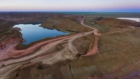 Panorama of the quarry. Artificial lake. Sunset. Horizon. Development of 库存影片 74152220