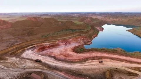 Panorama of the quarry. Artificial lake. Sunset. Horizon. Development of Stock Footage 74153183