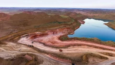 Panorama of the quarry. Artificial lake. Sunset. Horizon. Development of Stock Footage 74261197
