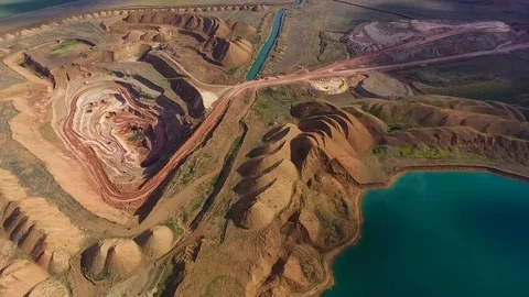 Panorama of the quarry. Artificial lake. Sunset. Horizon. Development of Video stock 75259823