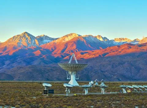 Panorama Radio Observatory Array and Snow Capped Mountains at Sunrise California Stock Photos