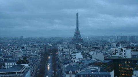 Panorama of rainy Paris with Eiffel Tower Stock Footage 112748735
