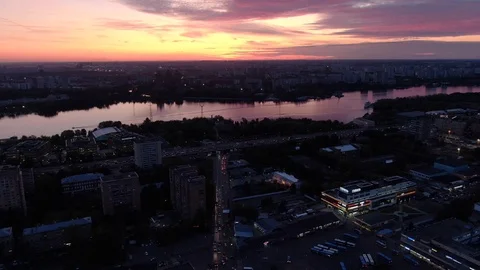 Panorama of red sunset in the city Stock Footage 116676541
