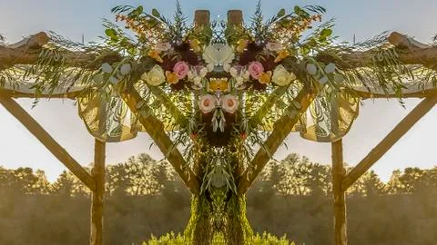 Panorama Reflection view of wedding decorations at sunset Stock Photos