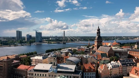 Panorama Riga Old Town - Daugava River and Vansu Bridge Stock Footage 122378634