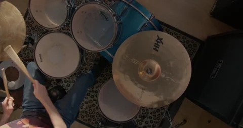 Panorama from right to left, the drummer plays the drum kit, top view Stock Footage 248277631