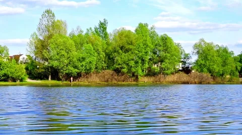 Panorama of river and forest on cloudy sky background Stock Footage 62837326