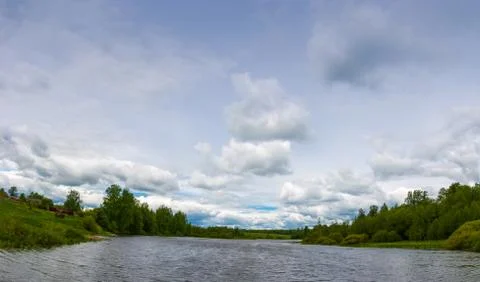 Panorama of the river on a summer day. Stock Photos