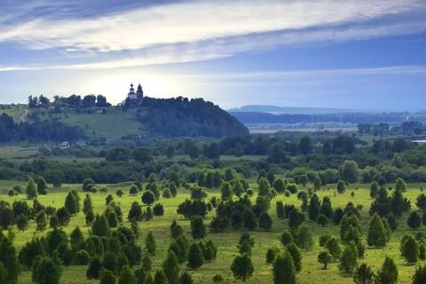 Panorama of the river valley of the Sylva River and the village of Kashirino  Stock Photos