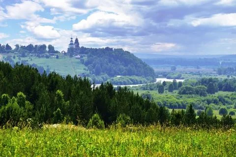 Panorama of the river valley of the Sylva River and the village of Kashirino  Stock Photos