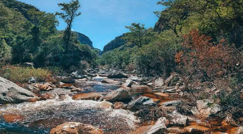Panorama of a rocky river flowing down from the hill. Stock Photos
