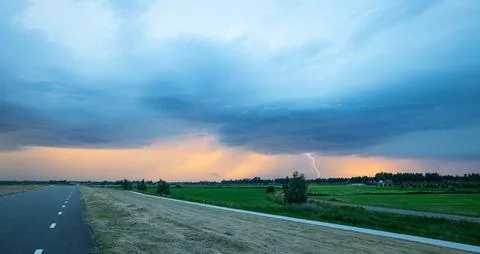 Panorama of a rotating high based supercell thunderstorm with lightning. Stock Photos