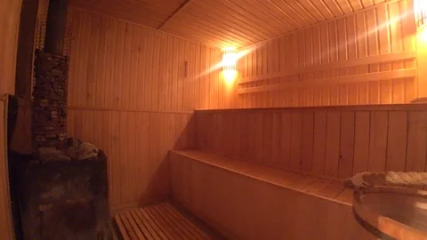Panorama in the sauna, camera movement backward Stock Footage 88258839