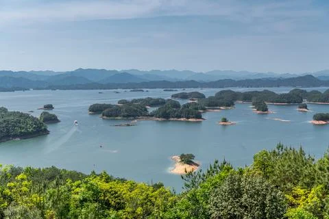 Panorama scenery high view of Qiandao Thousand Islands Lake in Hangzhou, Zh.. Stock Photos