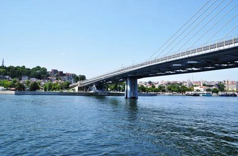 Panorama of the sea strait. View of the large bridge across the strait. Stock Photos