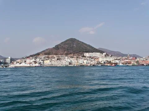 Panorama from the sea to Yeosu city Stock Photos