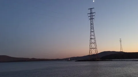 Panorama of the seascape overlooking the high-voltage towers 库存影片 119896206