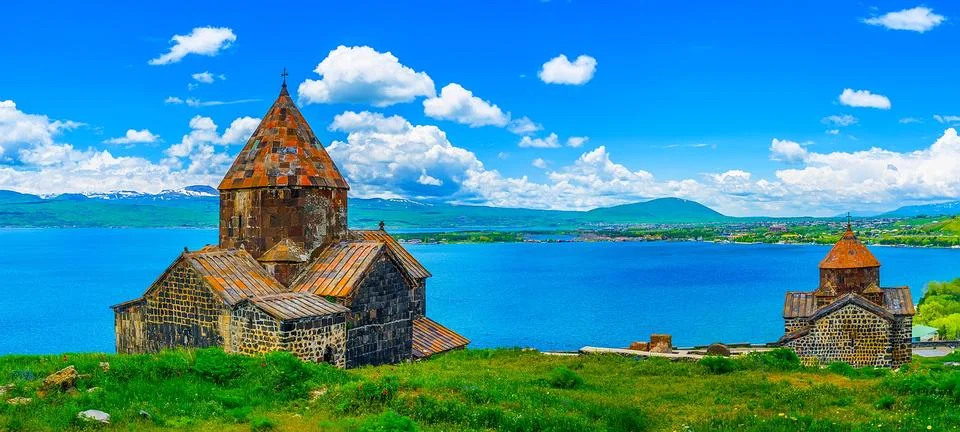 Panorama of Sevanavank Monastery, Sevan, Armenia 스톡 사진