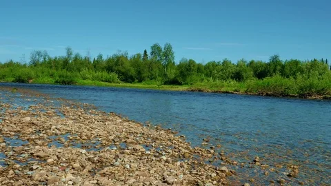 Panorama of shallow place on river Stock Footage 73313025