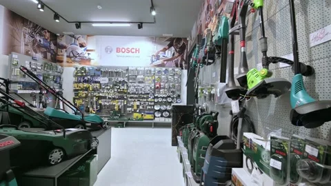 Panorama of shelves in a DIY shop with variety of power tools, mostly from the Stock Footage 131276533