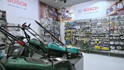 Panorama of shelves in a DIY shop with variety of power tools, mostly from the Stock Footage 139014391