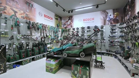 Panorama of shelves in a DIY shop with variety of power tools, mostly from the Stock Footage 145610754