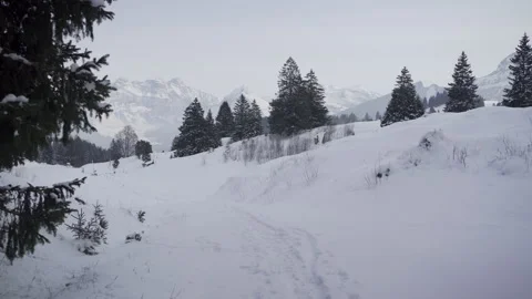 Panorama shot of alpine view with the mountain peaks covered with snow Stock Footage 231723099