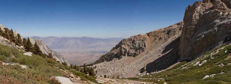 Panorama shot from Mount Whitney hill to desert valley with mountains backg.. Stock Photos