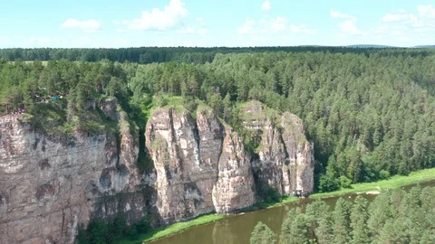 The panorama shot the rocks and the pine forest. 스톡 동영상 113321772