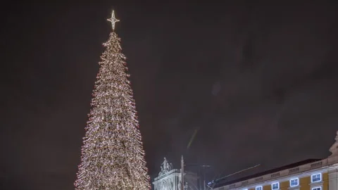 Panorama showing Commerce square illuminated and decorated at Christmas time in Stock Footage 275545626