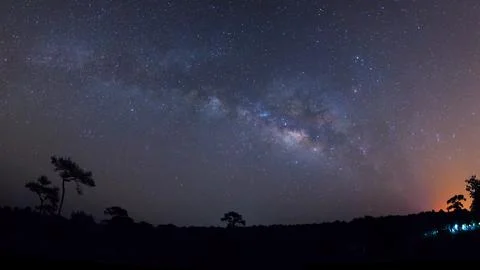 Panorama silhouette of Tree with cloud and Milky Way. Long exposure photograp Stock Photos