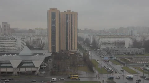 Panorama of sleeping quarters. Cloudy gray weather over a city. Raining. Stock Footage 50635296