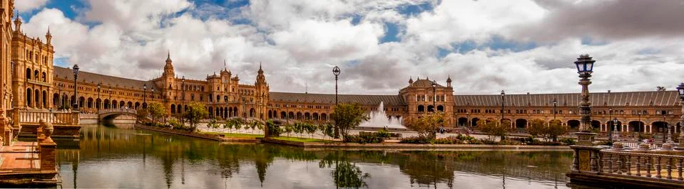 Panorama of the Spain Square Plaza de Espana in Seville, with bridges over th Stock Photos